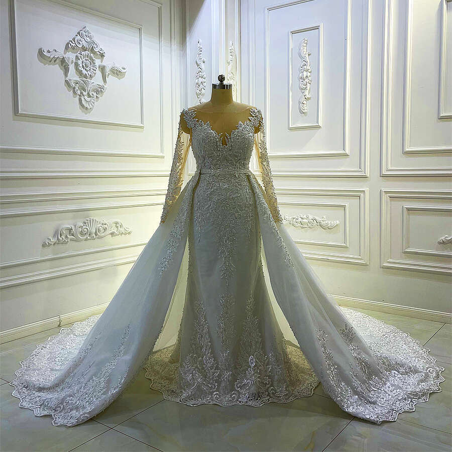 Custom made full sleeve lace appliqued glitter empire wedding dress