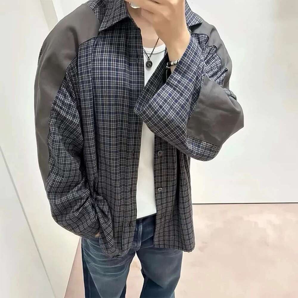 Haruku Patch Contrast Color Checkered Shirts For Men And Women Turn-Down Collar Oversized Casual Long Sleeve Fall Plaid Shirt