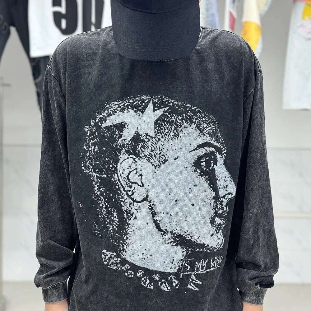 Women Character Digital Print Long Sleeve Tshirts For Men Vintage Crew Neck Cotton Casual Loose Top Tees Oversized Fall T Shirt