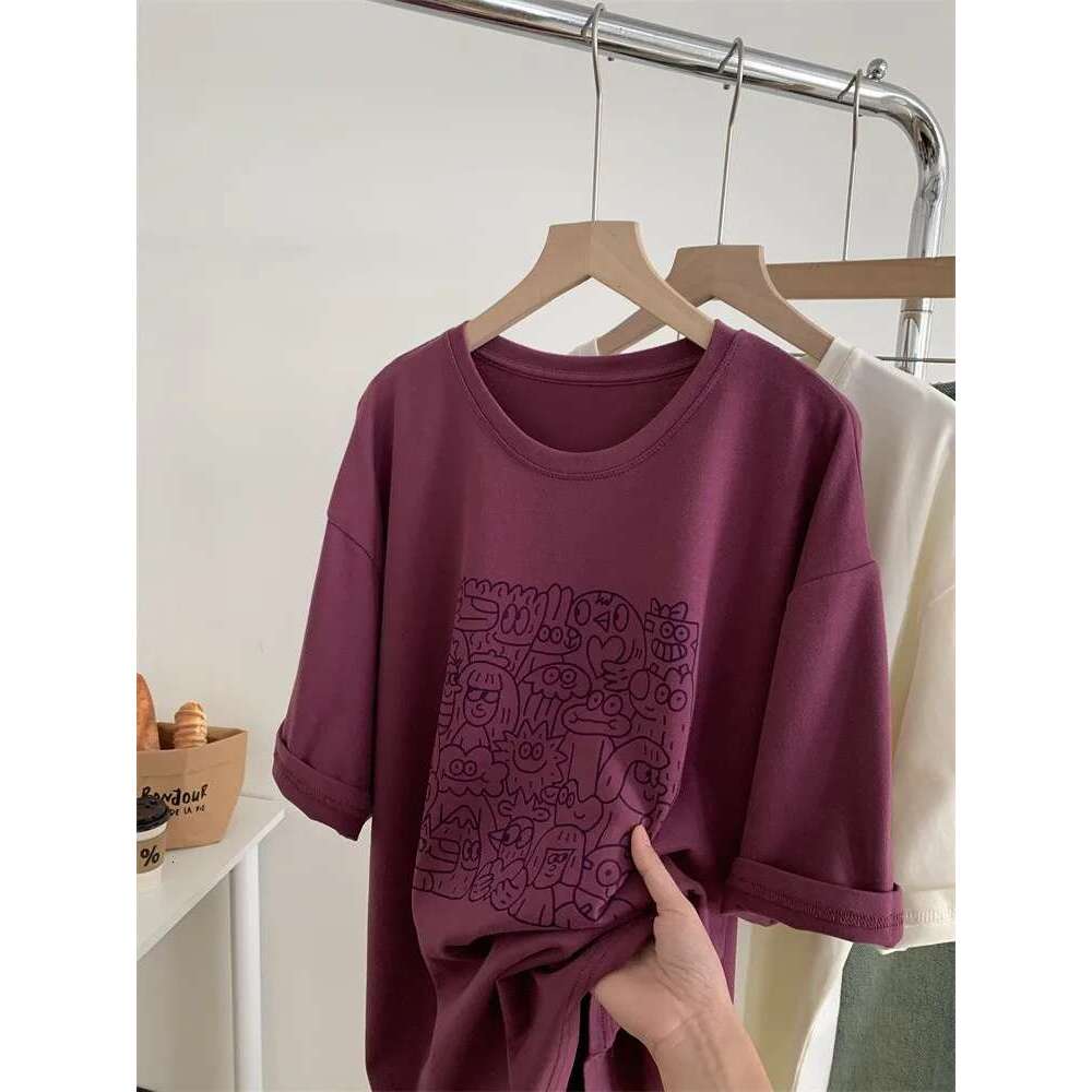 Purple Red Cute Cartoon Print Round Neck Short Sleeved T-Shirt For Women Loose Fitting And Slimming