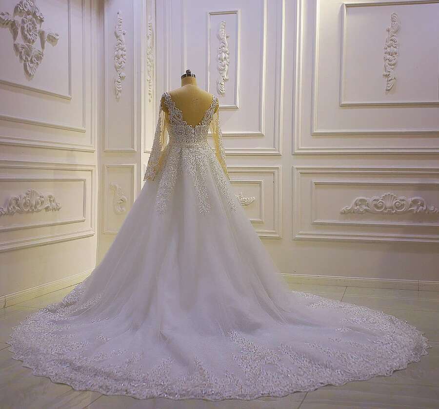 Custom made full sleeve lace appliqued glitter empire wedding dress