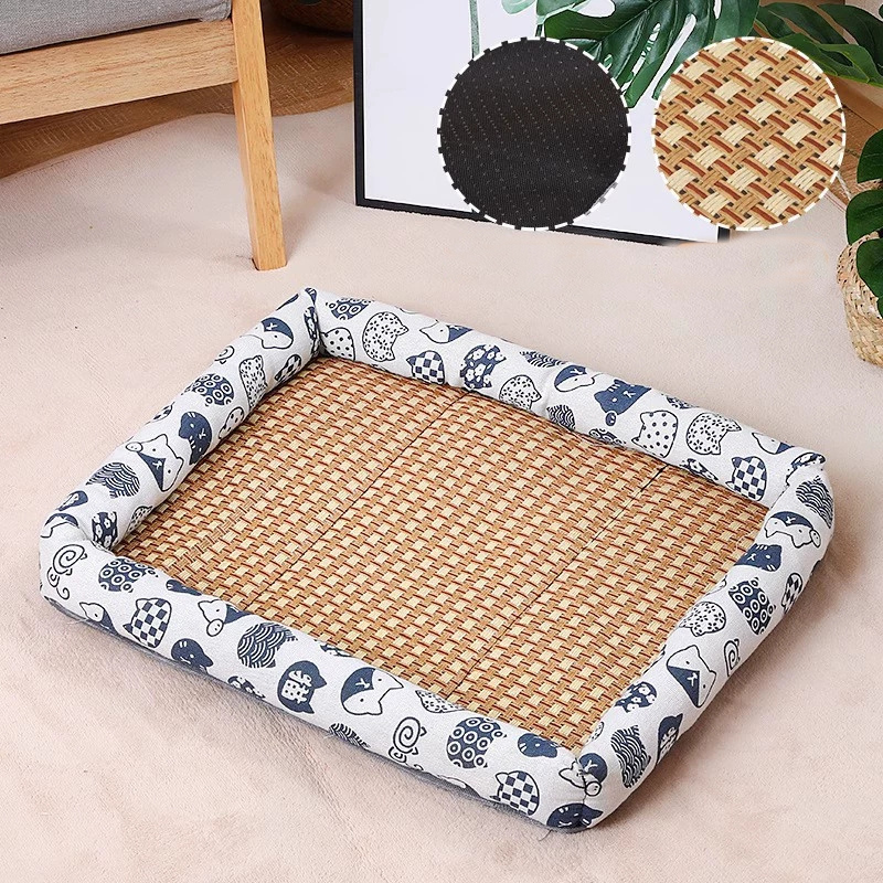 Pet Ice Pad, Washable Cooling Pet Pad Rattan Mat Summer Pet Woven Breathable Square Mat With Pillow For Dogs And Cats