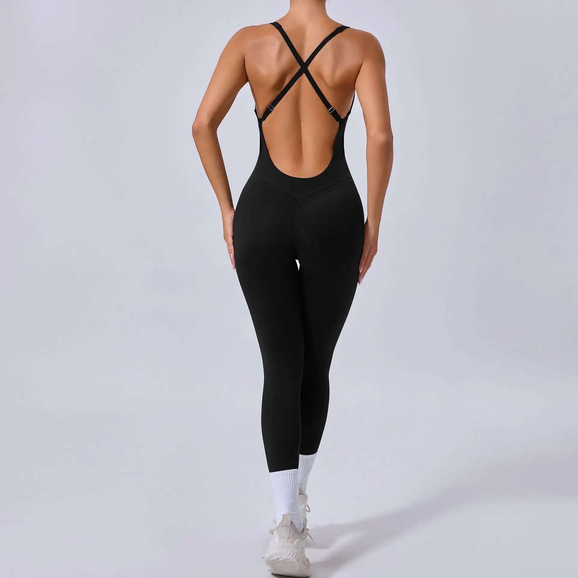Sports Jumpsuit Push Up Fiess Overalls 2024 Sportswear Woman Gym Set Padding Sport Outfit Yoga Clothing Tracksuit Navy Beige