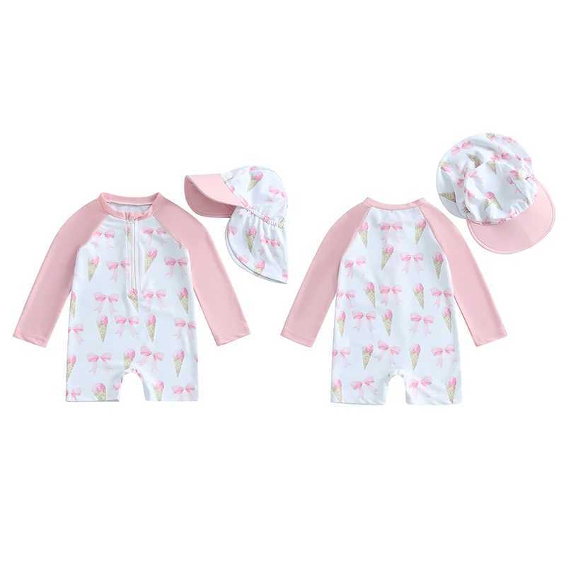 Toddler Girls Rash Guard Swimsuit with Hat 2 Pcs Set Bow Strberry Pattern Zip Up Long Sleeve Crew Neck Baby Girls Swimwears Z250214