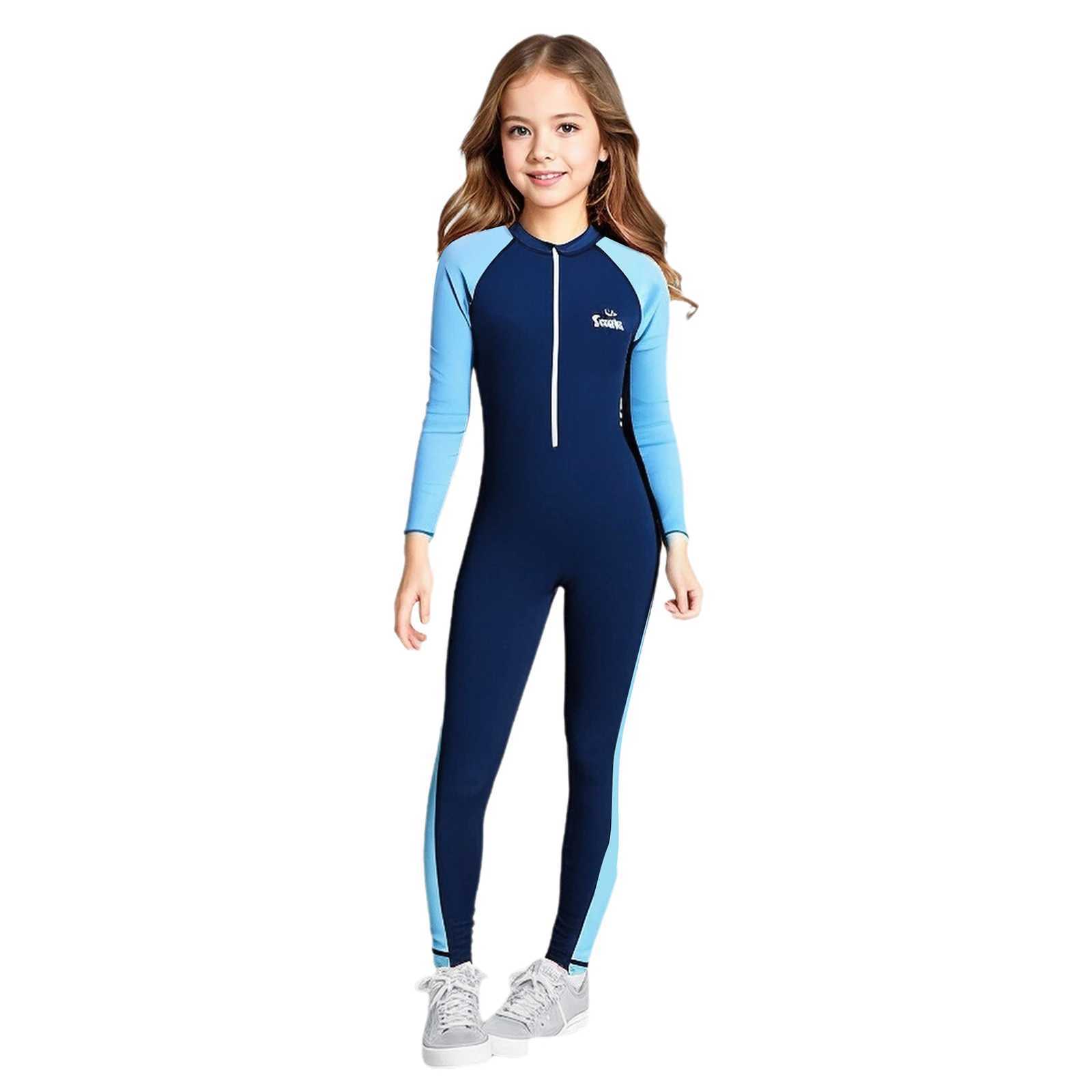 Kids Boys Girls One-piece Swimsuit Full Body Swimwear Long Sleeve Front Zipper Sport Beachwear Bathing Suits UPF 50+ Rash Guard Z250214