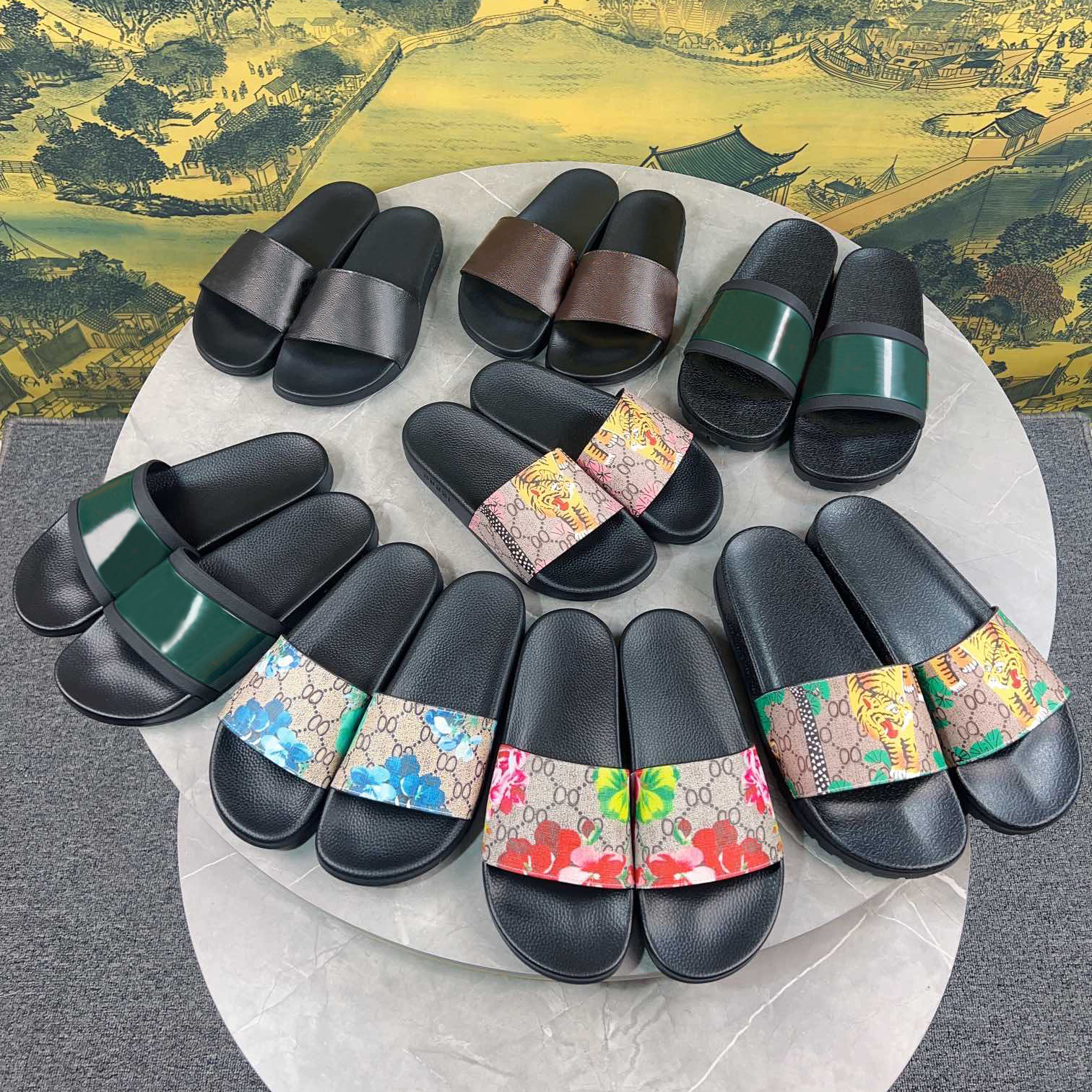Designer Slides Women Man Luxury Slippers Sandals Brand Sandals Real Leather Rubber Flip Flop Flats Floral Flower Slide Summer Beach Size 36-45