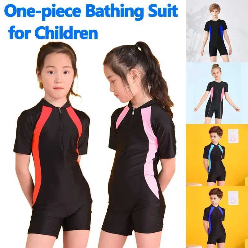 Kids Boys Girls One-piece Swimsuit Zipper Sunscreen Fashion Color Matching Short-sleeved Diving Suit Swimming Pool Swimsuit Z250214