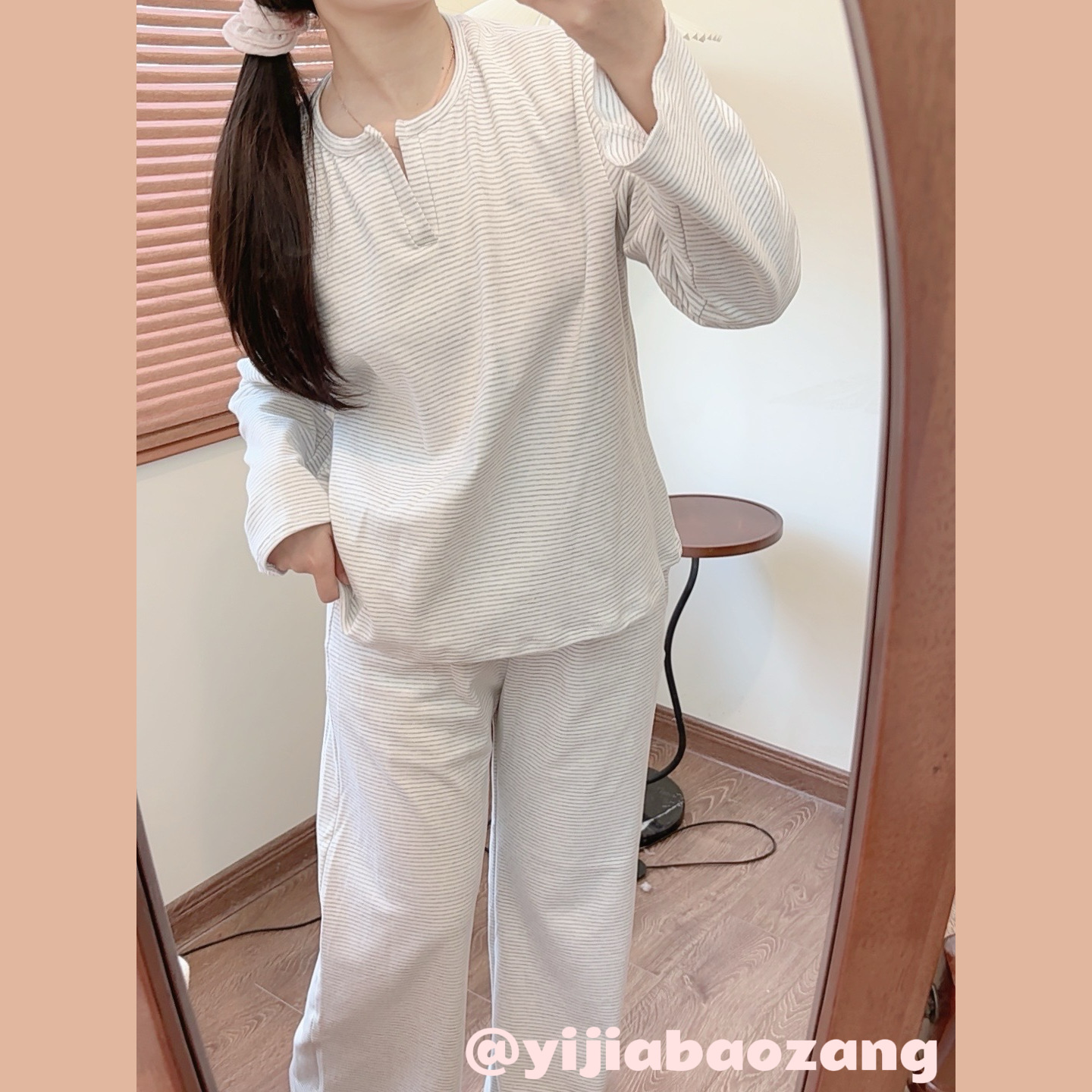 X136-Autumn and winter new Korean style simple striped knitted cotton long-sleeved round neck lace pajamas loose home clothes suit for women