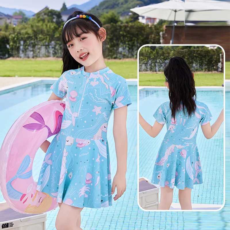 Blue Dolphin Print Swimsuit for Children Teenage Kids One-piece Swimwear Vacation Clothes Small Fresh Girl 2-14Y Z250214