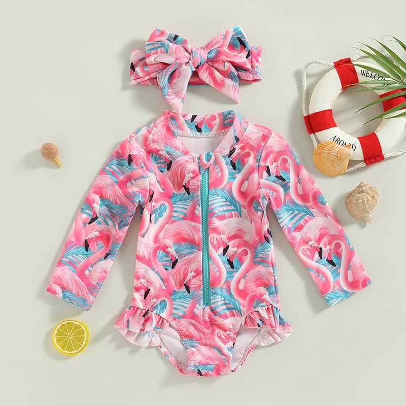 Yiiciovy Baby Kids Girls Rash Guard Swimsuit Flamingo/Flower Print Zipper Long Sleeve Sun Protection Bathing Suit + Headwear Z250214