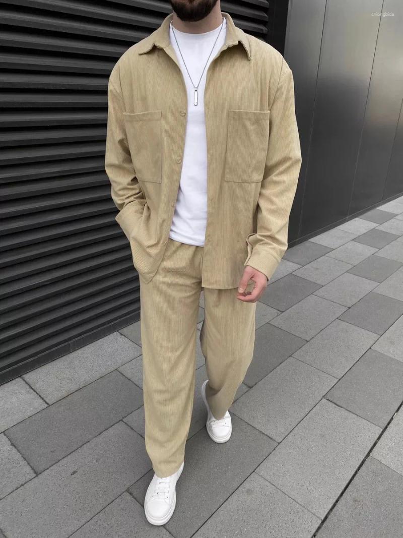 Mens Tracksuits Solid Color Suit Chest Pocket Design Simple Daily Fashion Long Sleeve Trousers High Quality Classic Style