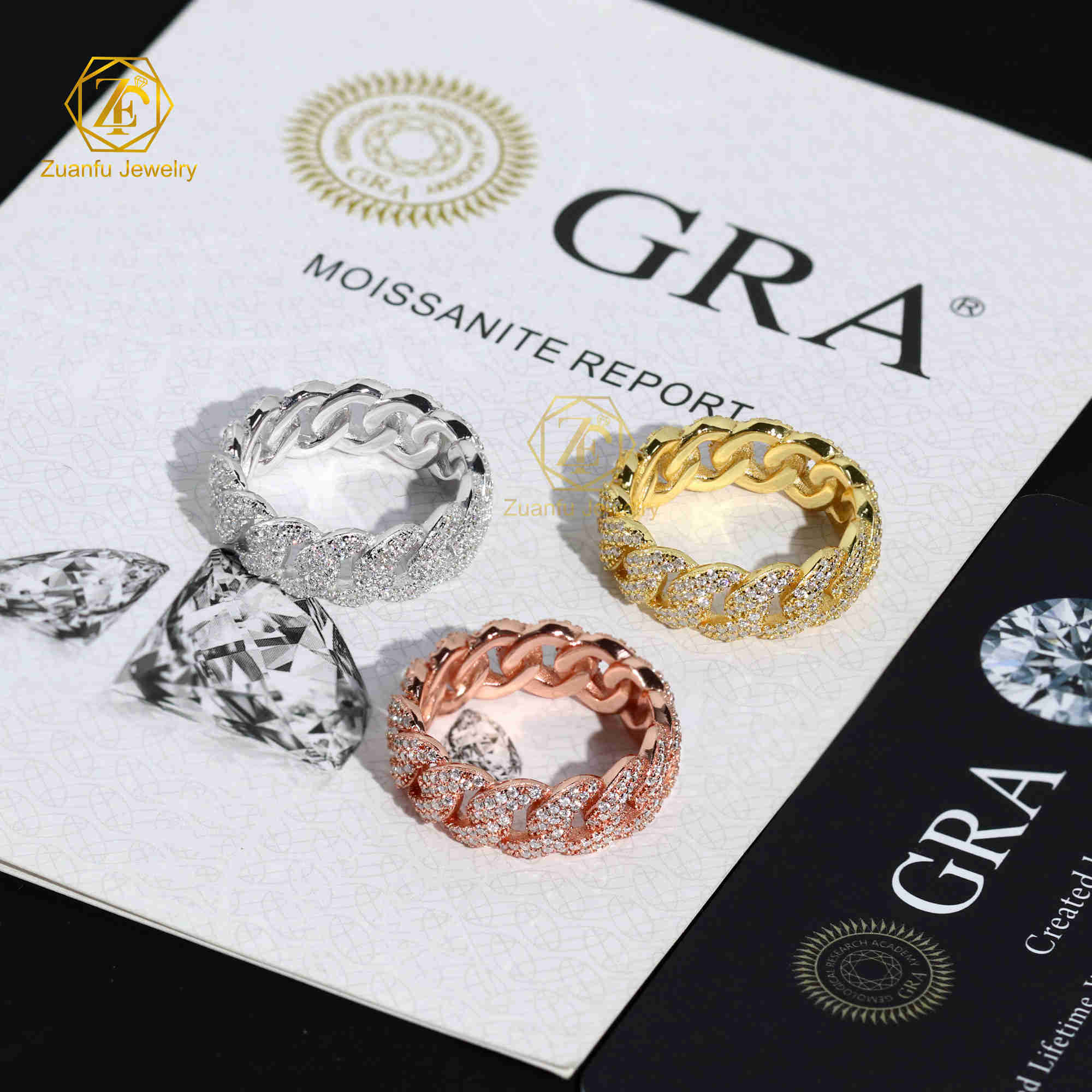 Hiphop Jewelry 2 Rows 7mm Width Cuban Link Ring 925 Silver Moissanite Diamond Ice Out Rapper Men Ring