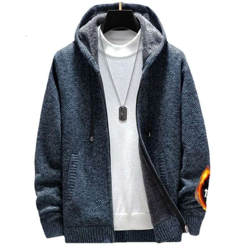 Men's Fleece-ed and Thickened Autumn Winter Cardigan Sweater Stand Collar Hooded Knitted Top Thick Style Yarn Jacket Spring A