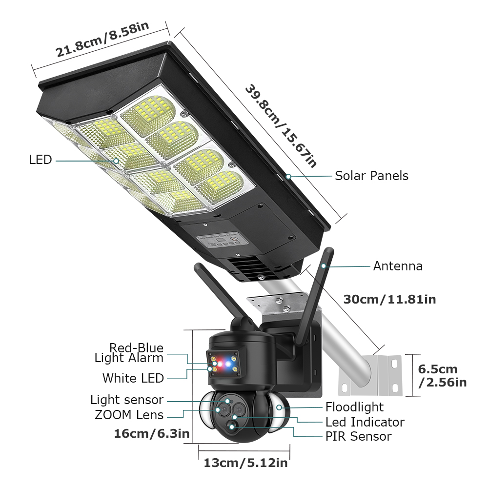 3K 6MP Solar Battery Street Light Camera 4G SIM Outdoor 360° WIFI Solar Security Camera PIR Monitor Night Vision CCTV