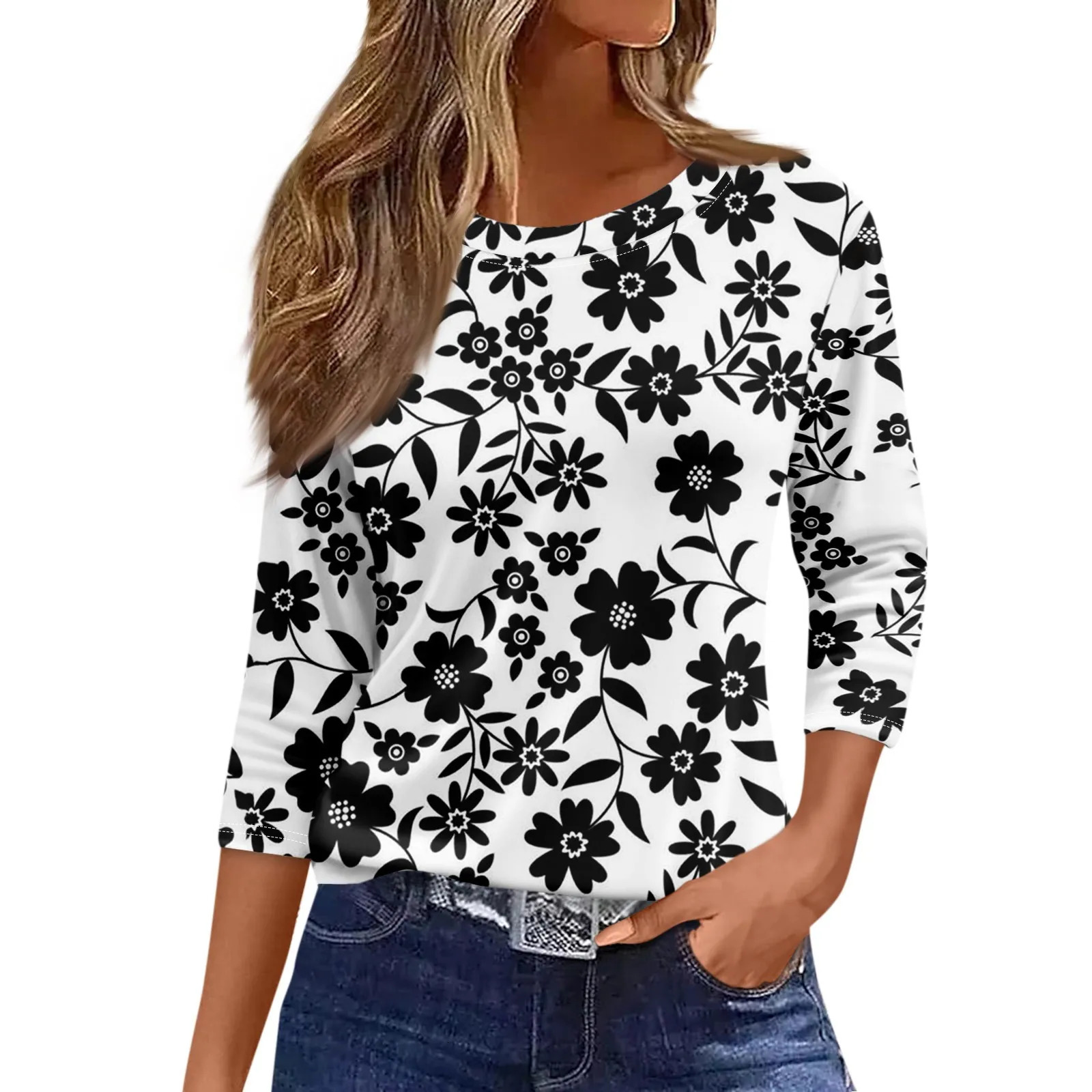 Summer Top WomenS Fashion Casual Round Neck 34 Sleeve Loose Printed TShirt Ladies Ropa Aesthetic 250211