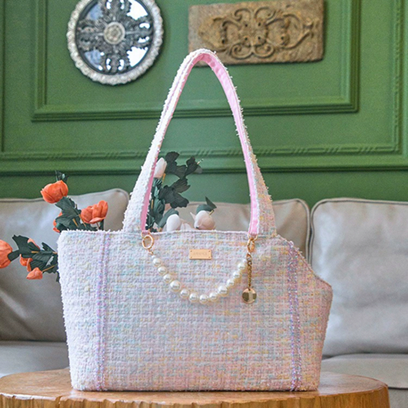 Fashion Pets Carrier Bag, Cats Carrier Purse with Pearl Chain Decoration, Soft Cotton Fabric Dogs Carrier for Walking Shopping, Luxury Style Dogs Hand