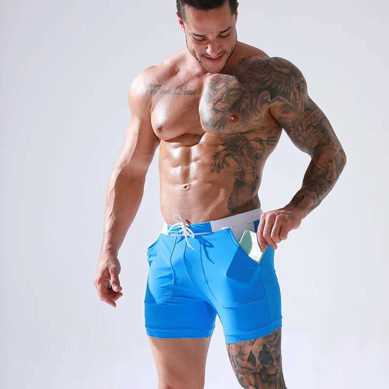 Sexy Mens Swimwear Shorts Summer Quick Dry Swimming Trunks Surf Board Shorts Boxer Briefs Tethered Swimsuit Beachwear 2025 New W250214