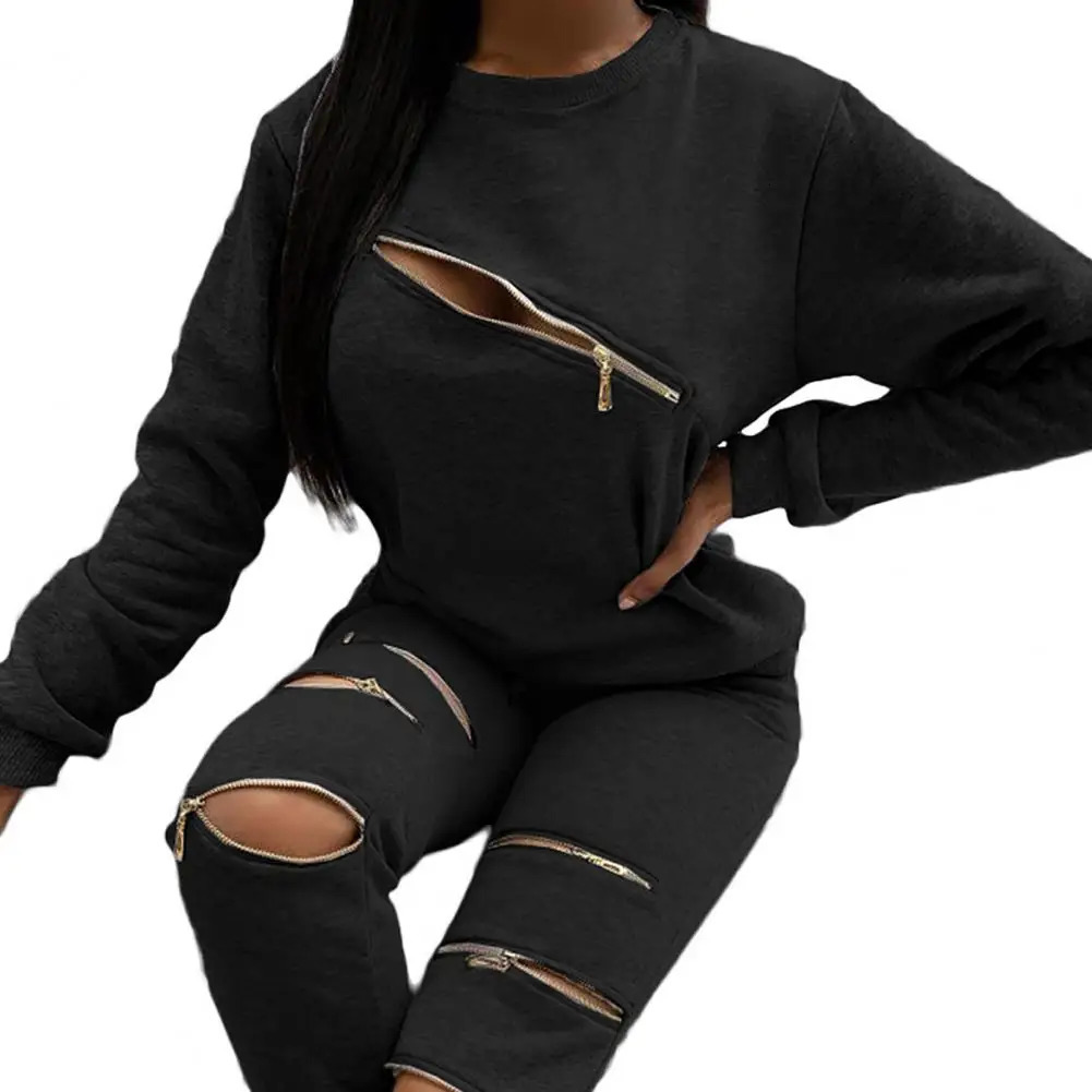 Fashion Zipper Hollow Out Two-Piece Set Autumn Tracksuit Women Elegant O-Neck Tops Casual Long Pants Ladies Suits 250213