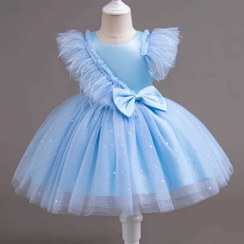 Summer Girls New Bow Sequin Flying Sleeves Mesh Fluffy Skirt Piano Competition School Graduation Ceremony Dress Z250214