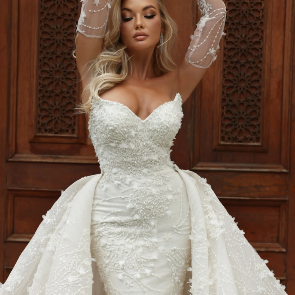 Classic Mermaid Wedding Dress Sweetheart Neck Removable Sleeves Bridal Gowns Appliques Detachable Train Dresses Custom Made vestidos de novia