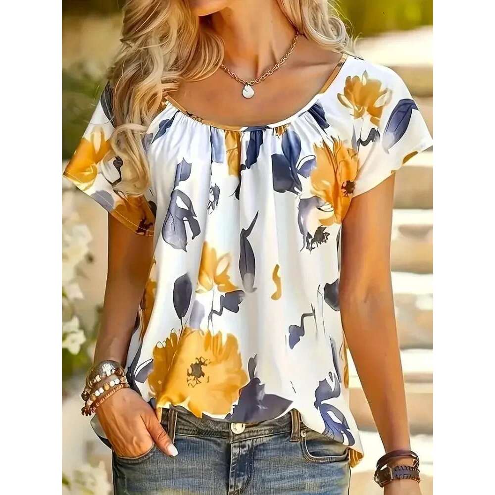 1Xl-5Xl Fashion O-Neck T-Shirt Ladies Casual Short Sleeve Tops Women's Ral Print Plus Size Clothing