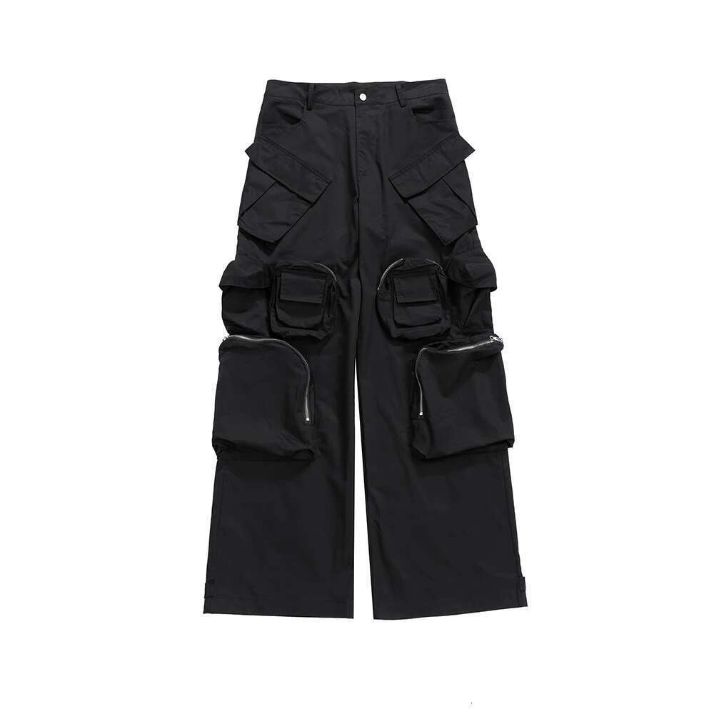 High Street Multi-Pokcets Functional Wide Leg Cargo Pants Unisex Black Straight Baggy Y2k Overalls Oversized Loose Trousers