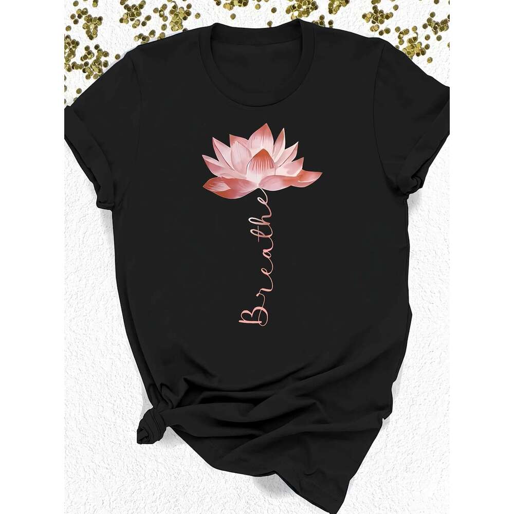 Lotus Graphic Print T-Shirt Short Sleeve Crew Neck Casual Top For Summer & Spring Women's Plus Size Clothing