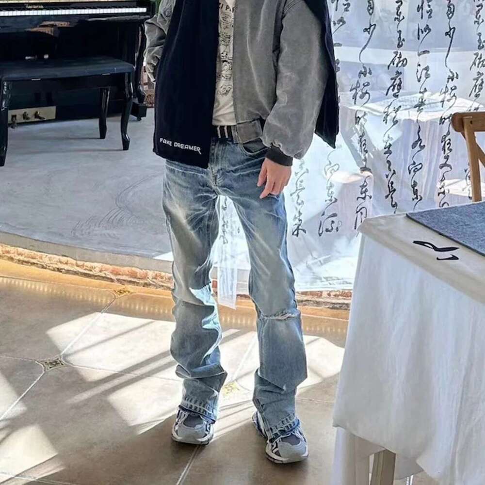 Streetwear Ropa Hombre Lighing Pattern Split Jeans For Men Washed Pocket Baggy Casual Denim Trousers Oversized Cargos