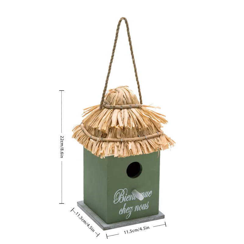 Wooden Bird House for Outdoor Hanging Natural Grass Outside Garden Patio DecorativeFrench font Tropical rainforest retro style 250206