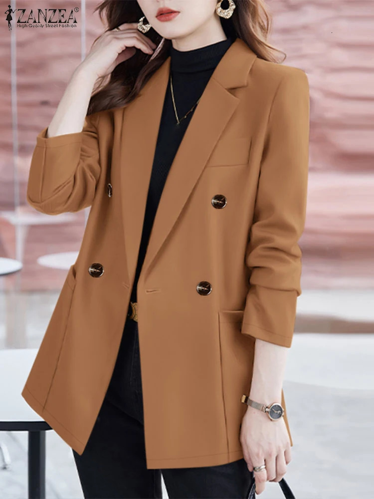 ZANZEA Casual Women Blazer Solid Office Lady Commute Spring Thin Jackets Lapel Neck DoubleBreasted Long Sleeve 250213