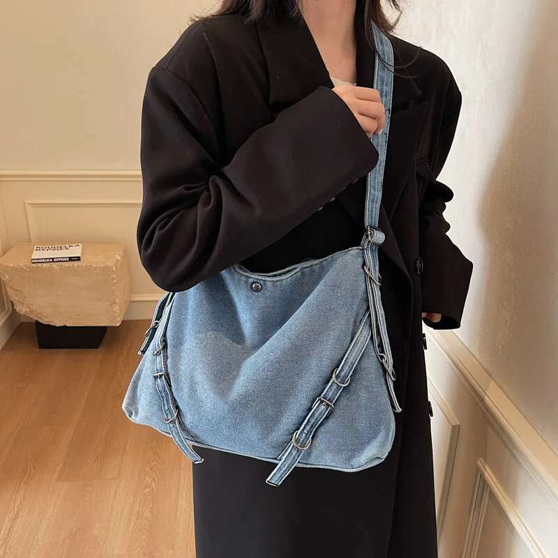 Washed Denim Fabric Shoulder Hobo Bags For Women 2025 Winter New Designer Handbags Big Capacity Underarm Shopper Tote Bag