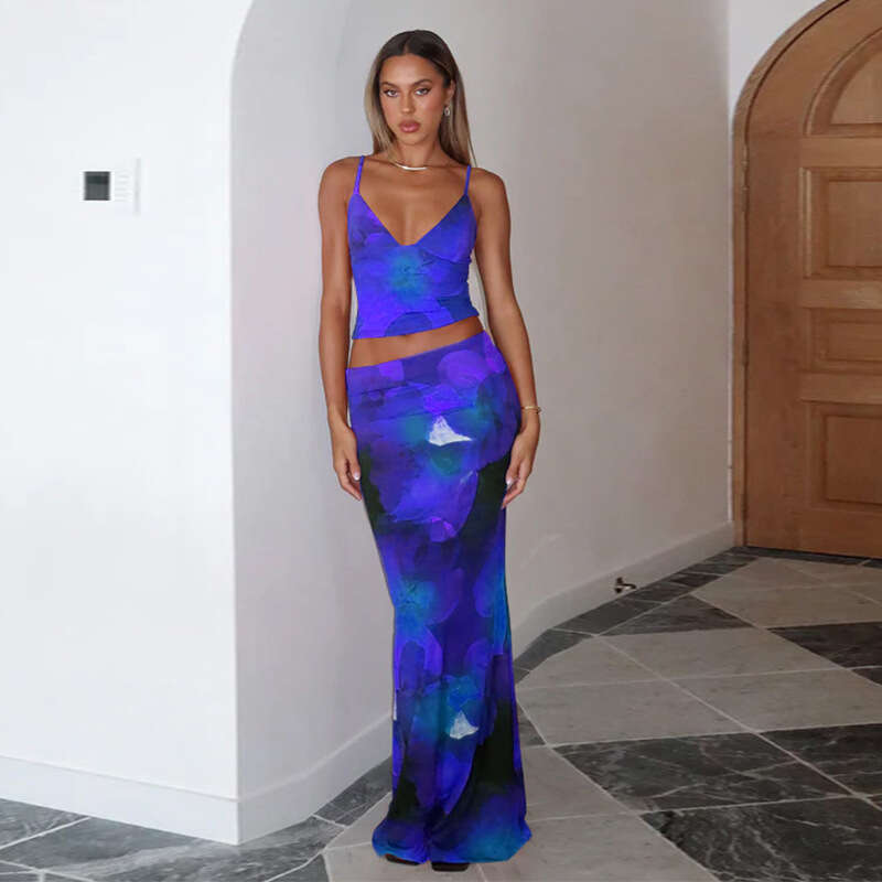 European and American women's summer product print sexy V-neck vest slim fit skirt set wholesale 2025 new casual versatile fashion clothing
