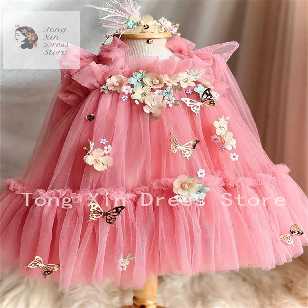 New Arrival Flower Girls For Weddings Pink Handmade Flowers Tiered Floor Length Kids Prom Dresses Wedding Par Dress Vestidos Z250214