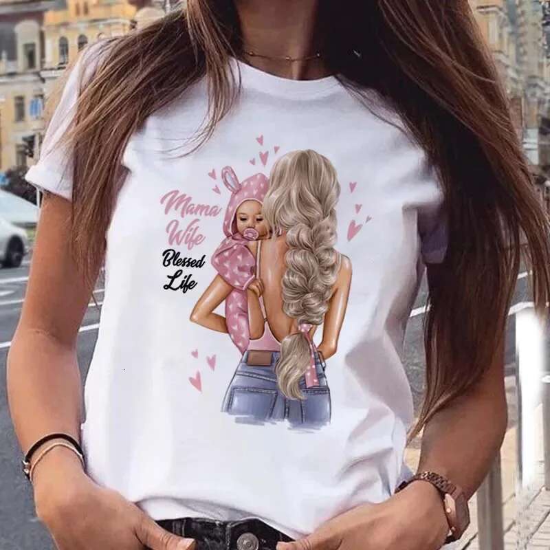 Plus Size Maycaur Women T Cartoon Mom With Son Shirt Fashion Print Casual Woman Tee Ladies Female T-Shirt Short Sleeve Top