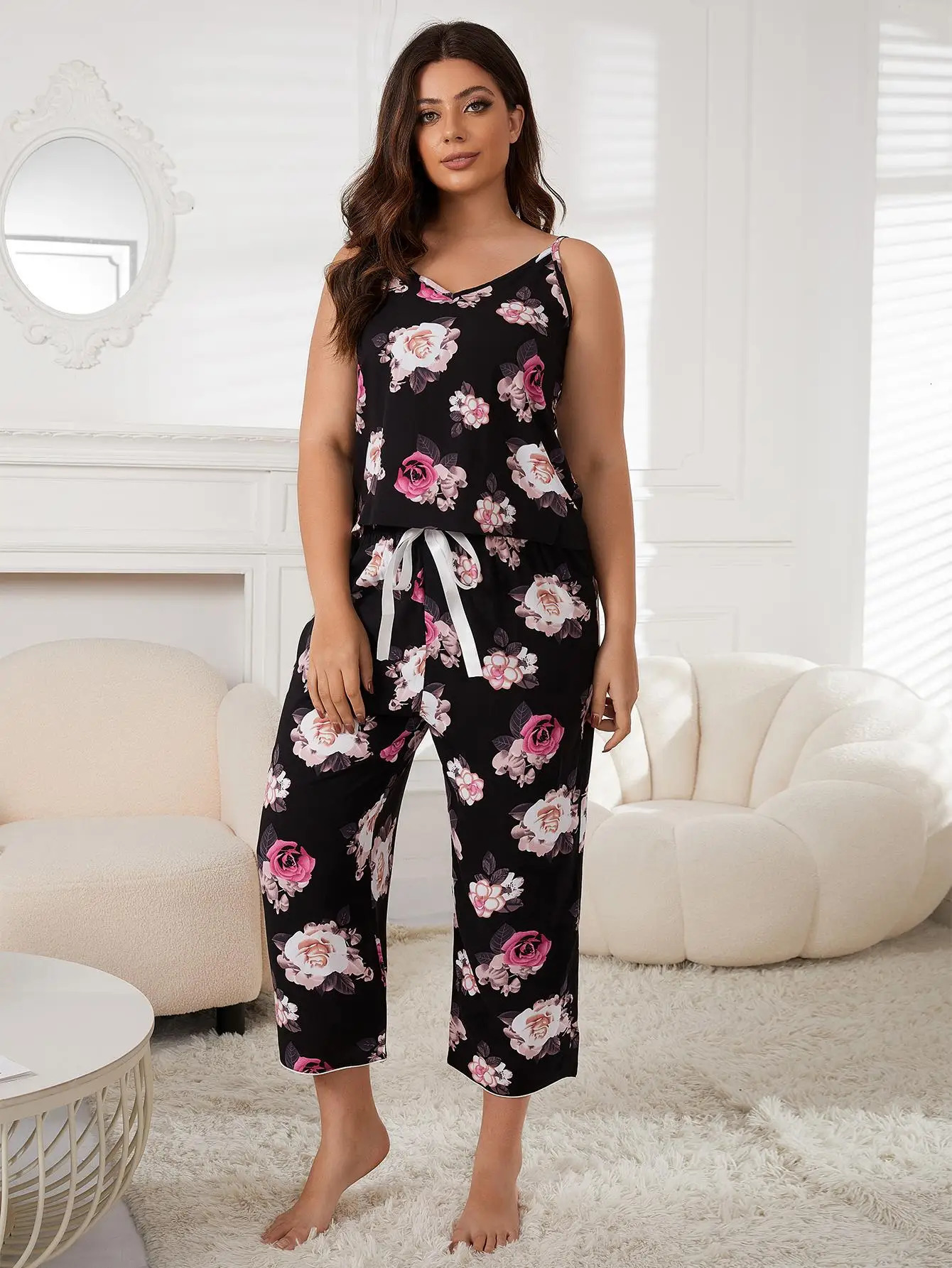 Plus Size V Neck Women Pajama Set Sleeveless Floral Top Elastic Waist Drawstring Pants Female 2 Piece Sleepwear Nightwear 250110