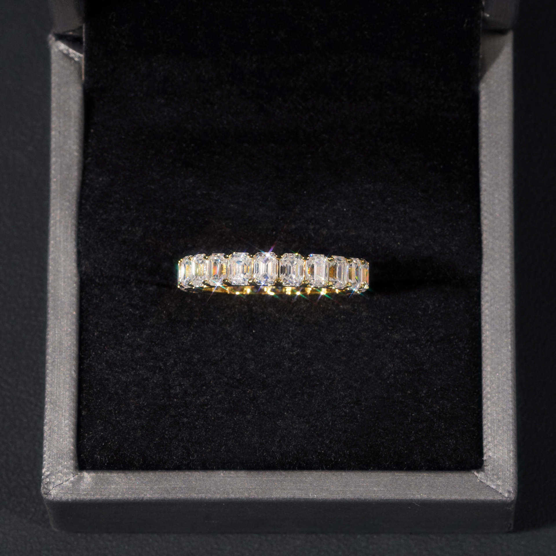 Hot selling S925 silver 0.3ct emerald cut ring with full set colorful moissanite single row mens and womens rings