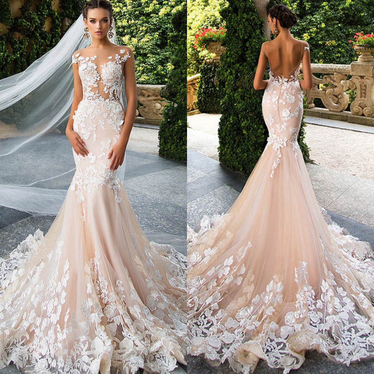Elegant Mermaid Wedding Dress Appliques Lace O Neck Bride Gowns Illusion Sleeveless Backless Bridal Dresses Customized