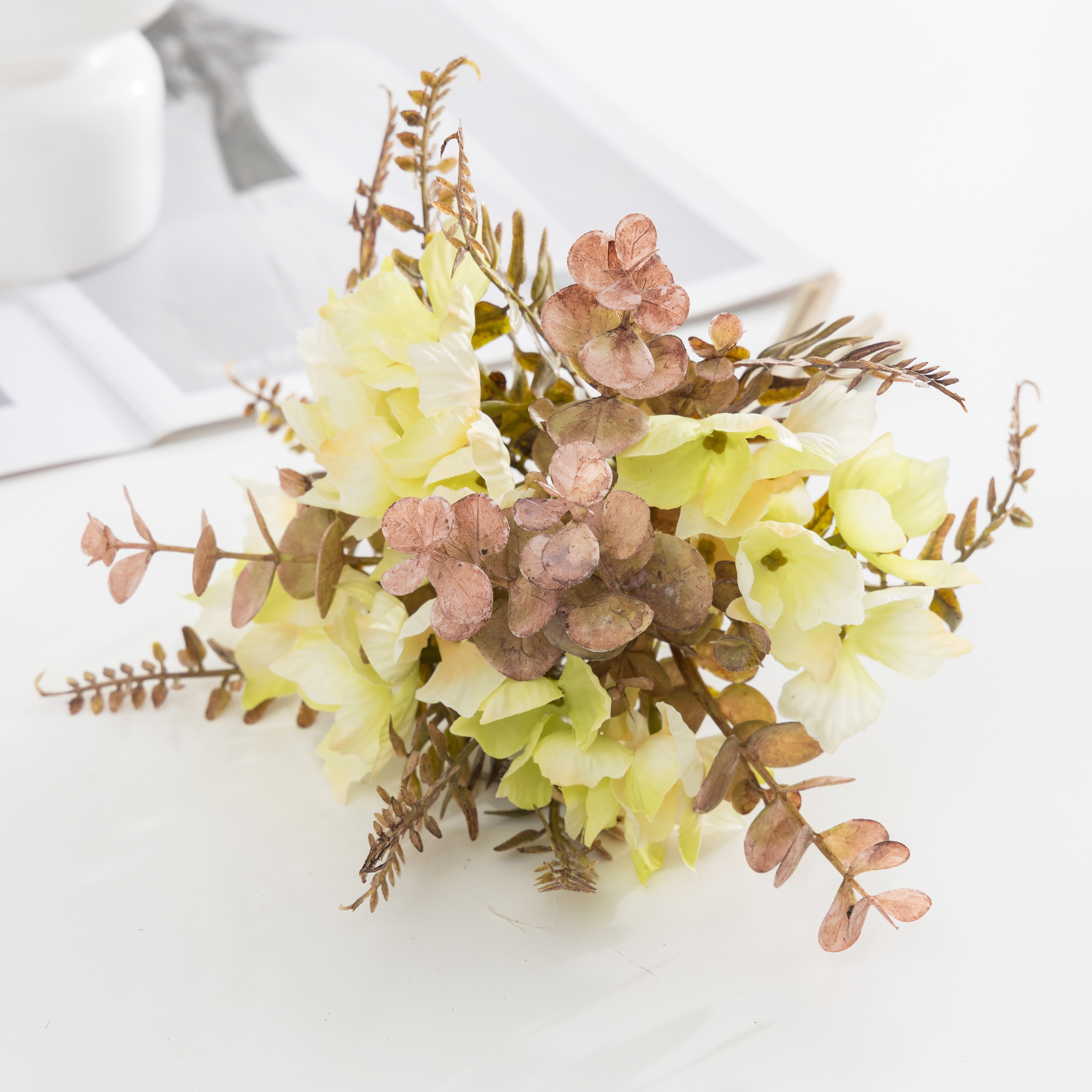 Handcrafted Elegant Fake Flower Bunch Featuring Elderly Appeal - Eucalyptus & Hydrangeas