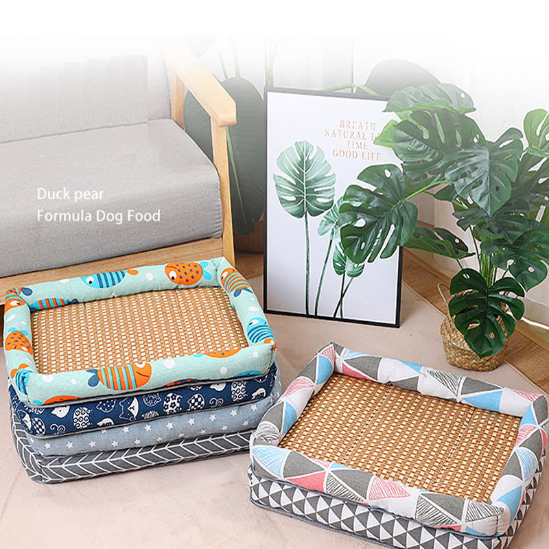 Pet Ice Pad, Washable Cooling Pet Pad Rattan Mat Summer Pet Woven Breathable Square Mat With Pillow For Dogs And Cats