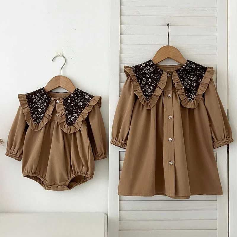 2024 New Autumn Sister Clothes 2-6Yrs Girl Par Dress Kids Princess Dresses Long Sleeved Cotton Embroidery Splicing Baby Romper Z250214