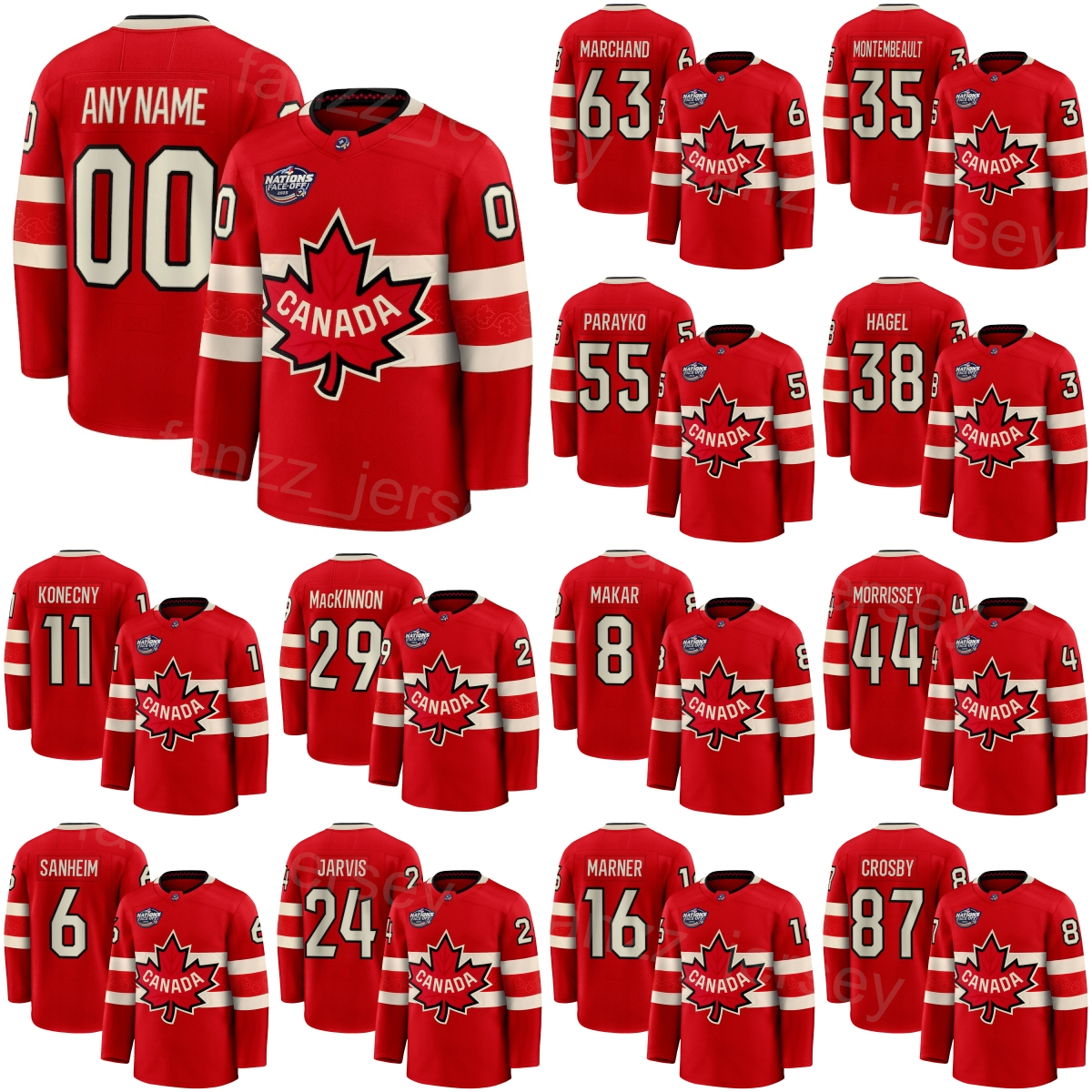 National 2025 Hockey Canada Jerseys 4 Nations Face-Off 29 Nathan MacKinnon 63 Brad Marchand 16 Mitch Marner 21 Brayden Point 13 Sam Reinhart Mark Stone Men Women Kids