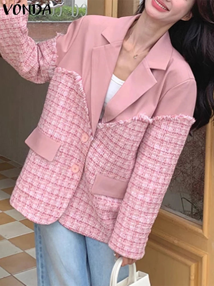 VONDA Women Elegant Long Sleeve Blazer Spring Plaid Patchwork Suits Casual Loose Jackets Female Lapel Neck Open Up Coats 250213
