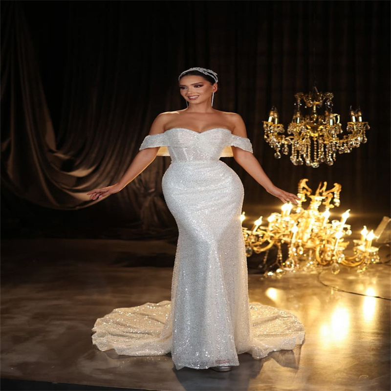 Shiny Sequin Wedding Dress With Detachable Train Luxury Mermaid Overskirt Arabic Dubai Bridal Gown 2025 Sparkly Bride Dress Vestidos De Casamento Robe