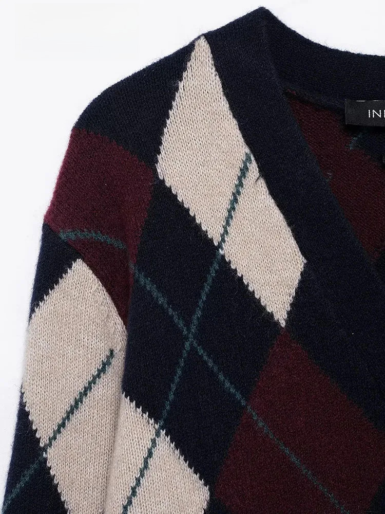 Elegant Sweater Long Sleeve Knitwear Coat 2025 Women Argyle Jacquard Short Cardigan Chic Casual Knitted Cardigans