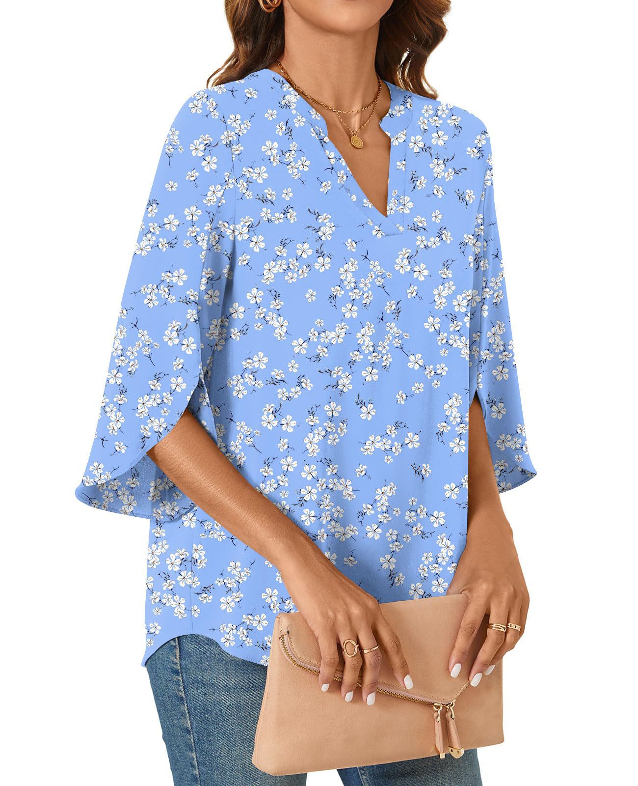 2025 New Women's Chiffon Shirt 3/4 Sleeve Summer Casual Loose V-neck T-shirt