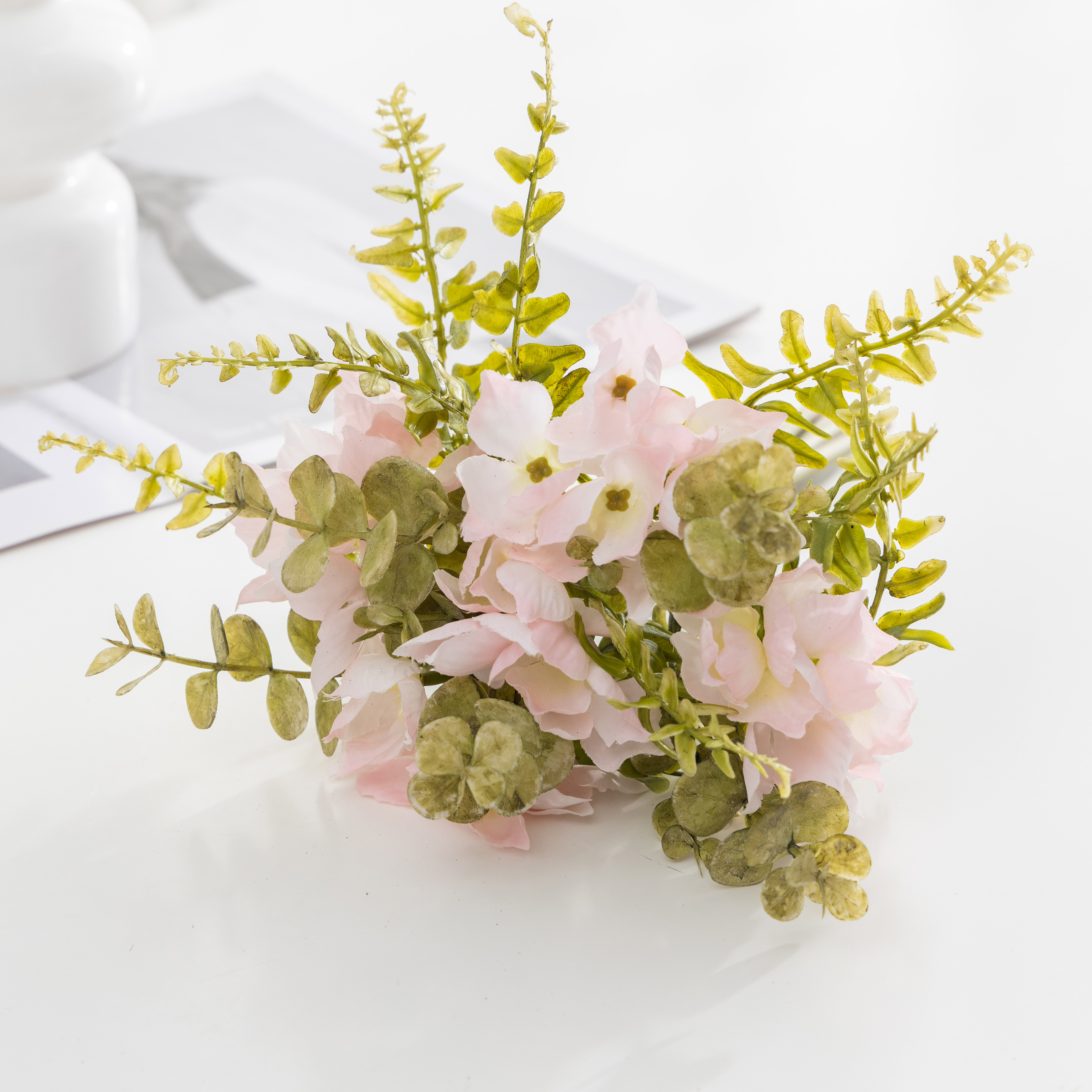 Handcrafted Elegant Fake Flower Bunch Featuring Elderly Appeal - Eucalyptus & Hydrangeas