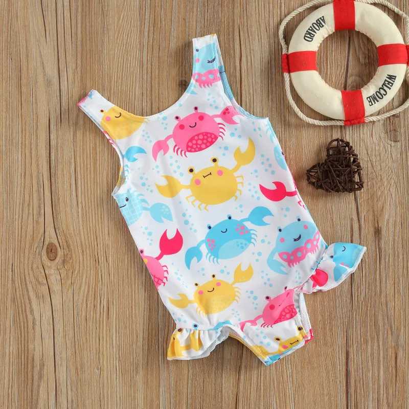 2023 Baby Swimwear Little Girls One-piece Swimsuit Summer Children Cute Crab/Donut Printing Sleeveless Swimwear for Vacation Z250214