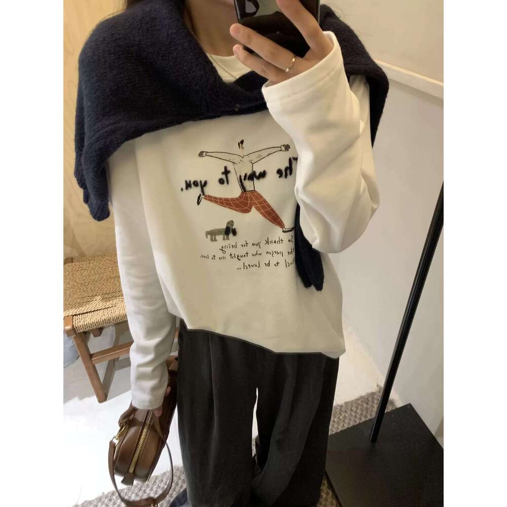 Cartoon Character Letter Embroidery Long Sleeved T-Shirt For Women In Autumn Winter, Brushed Warm Loose Tee