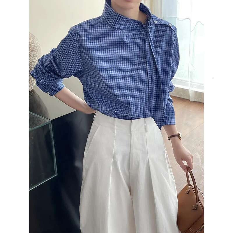 100% Cotton Blue Checkered Lace Up Long Sleeved Shirt For Women Autumn Loose Top