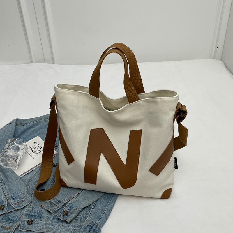 Bag Handheld Canvas Women's New Large Capacity Shoulder Bag, Fashionable Letter Student Class Commuting Bag